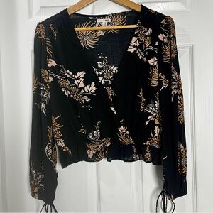 Amuse Society Black with Neutral Floral Faux Wrap Blouse • Size Medium